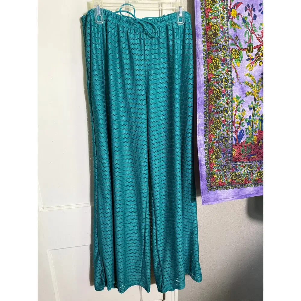 Hurley Teal 2 Piece Set Wide Leg Pants Button Shirt Crochet Open Knit - XL